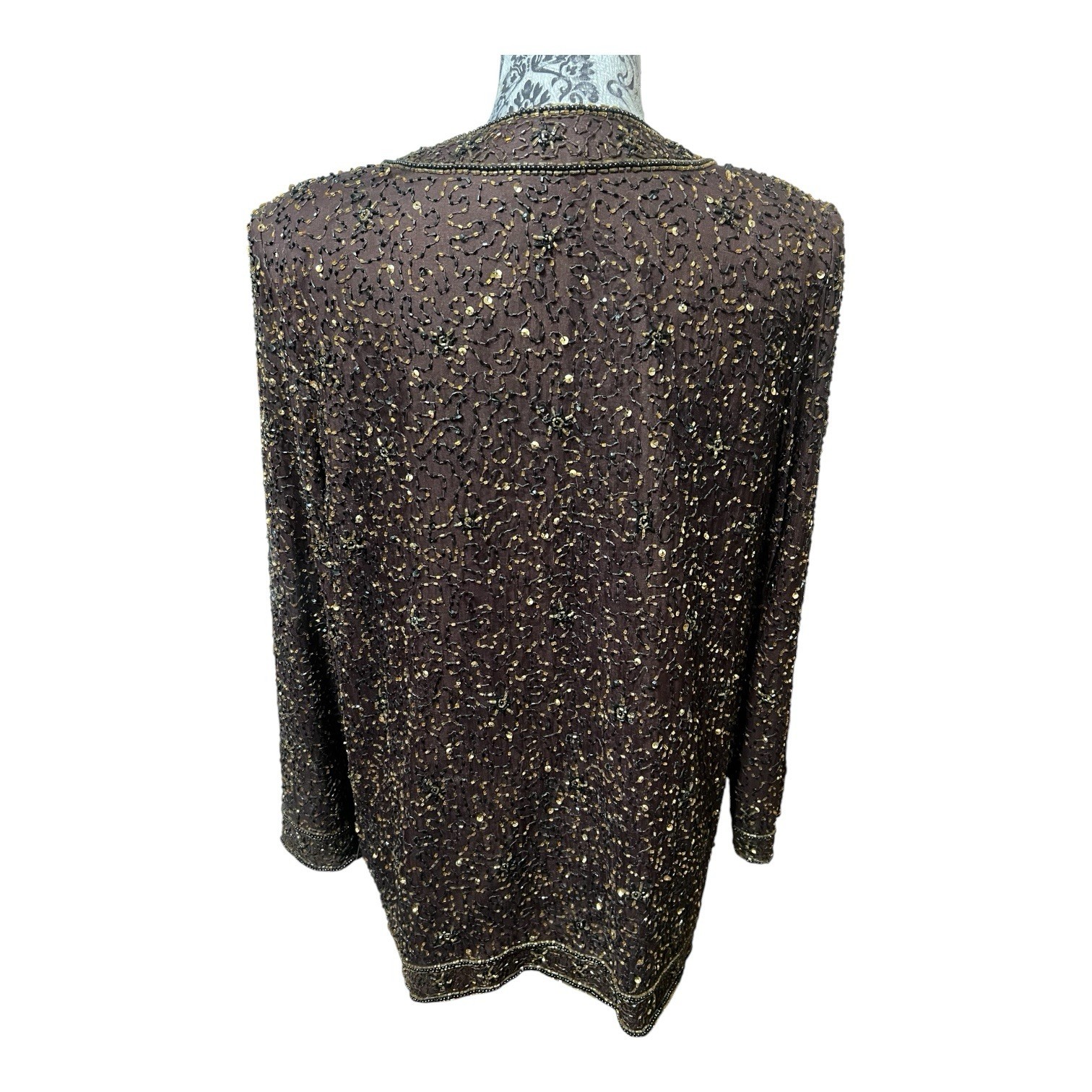 Vintage Stenay 100% Silk Beaded Sequin Jacket Women’s L Brown Formal Evening New