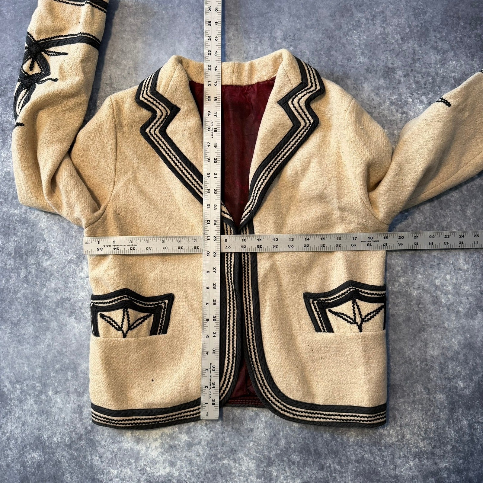 Vintage Soutache Embroidered Wool Jacket Beige Black Western Boho Cropped Blazer