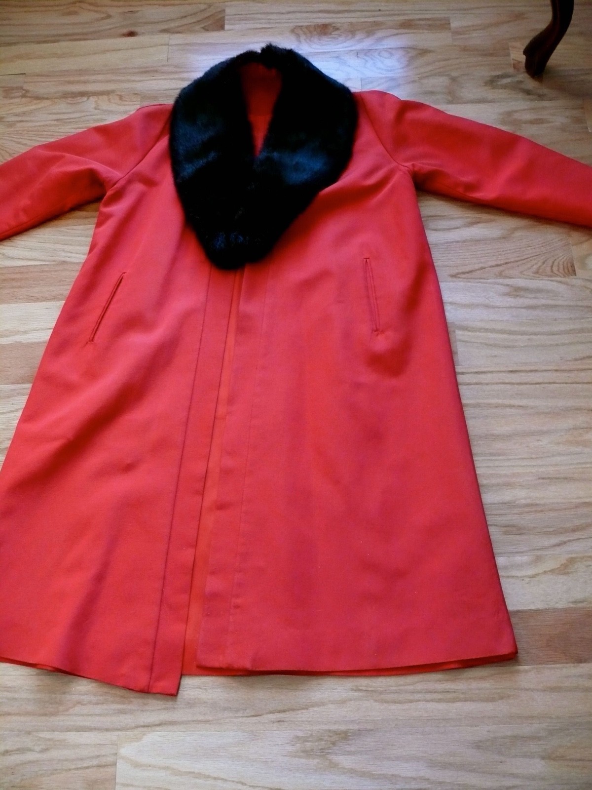 1950`s Red Faille` Silk & Rayon Blend Red Evening Coat with Black fur Collar