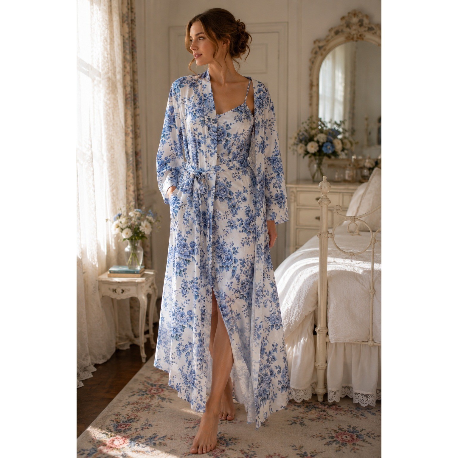 Victoria&rsquo;s Secret Gold Label Blue White Floral Maxi Robe Slip Set Cottagecore
