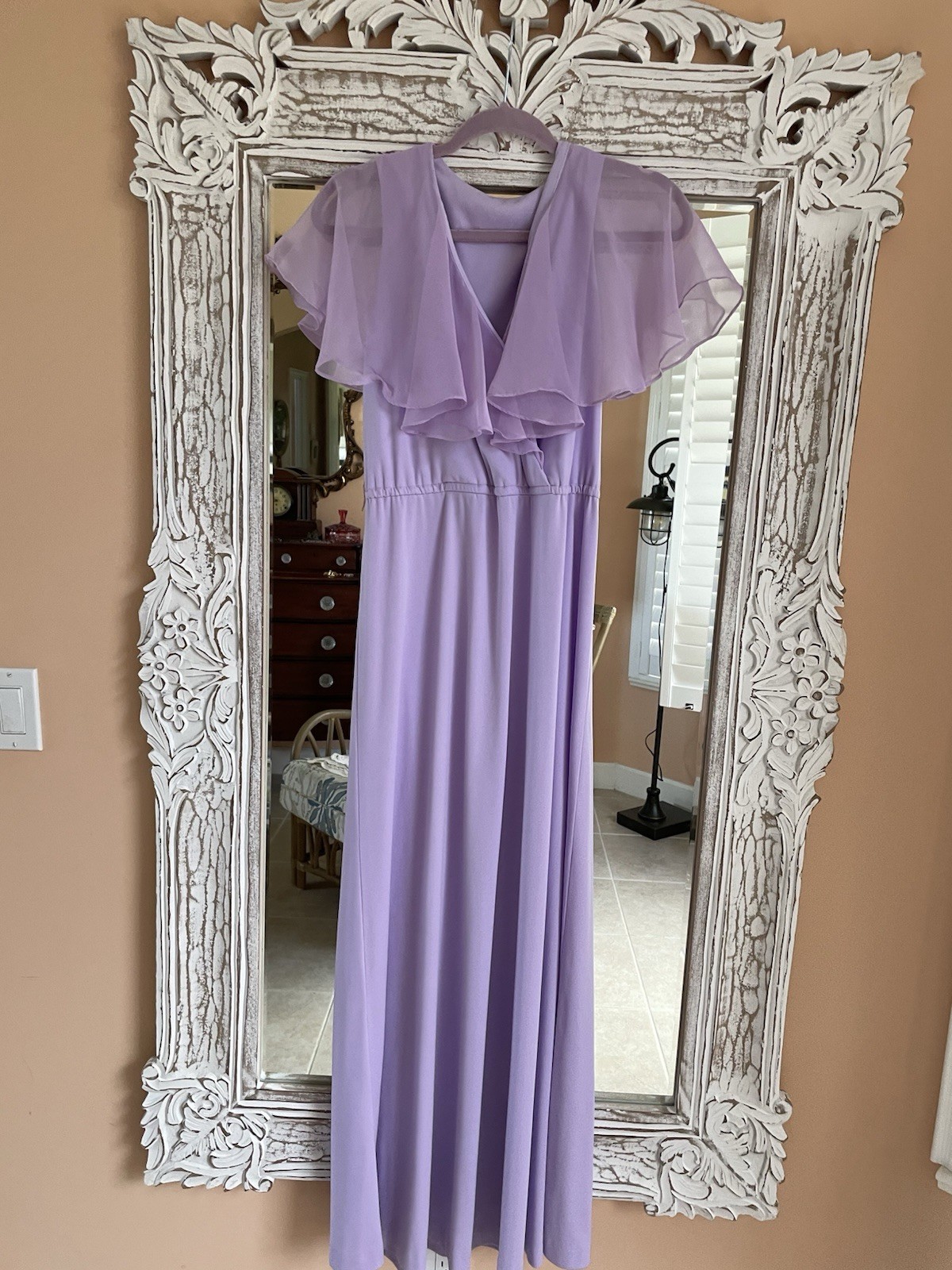 Vintage 70s Sheer Poly Lavender Sleeveless Flutter Cape Maxi Dress S/M