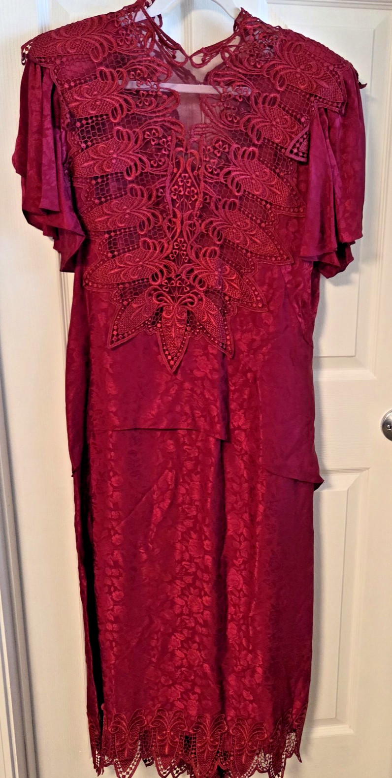 Capriccio by Digna Jacquard Silk Blend Dress Size 12 Red Lace US VTG 1980s 1990s