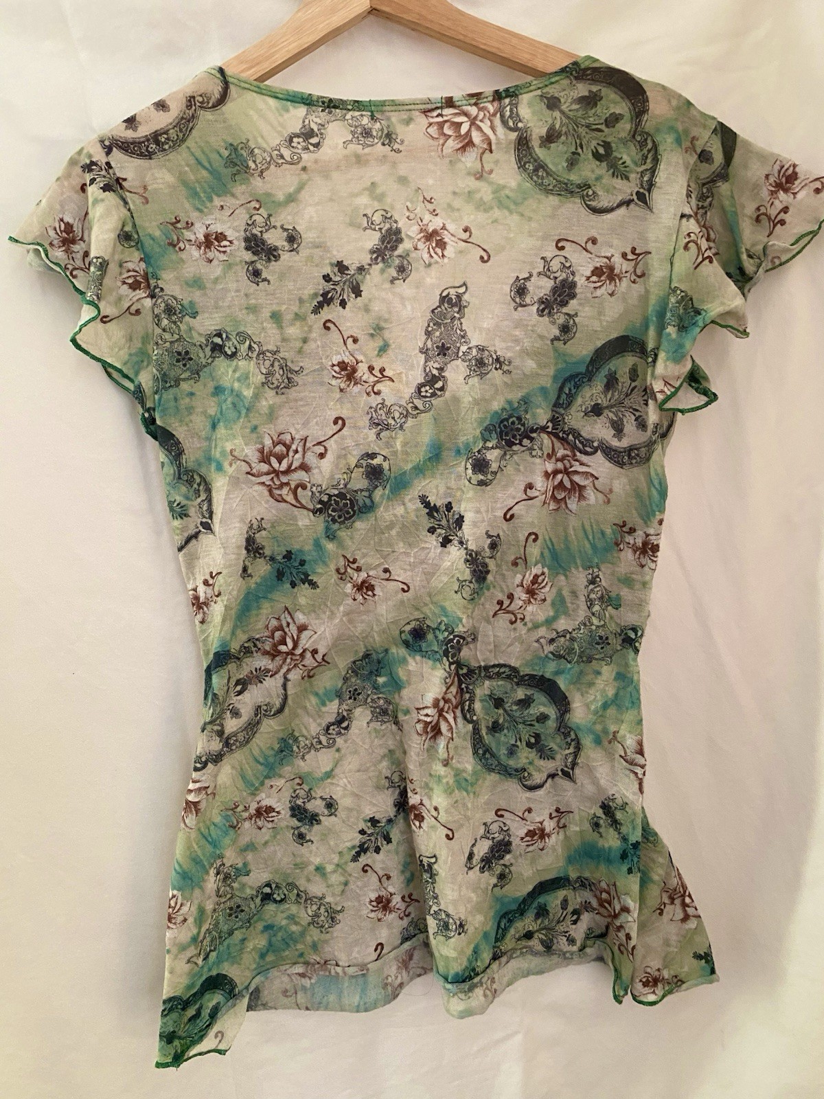 Vali-Vintage Green Floral V-Neck Ruffle Cap Sleeve Pullover Blouse Top