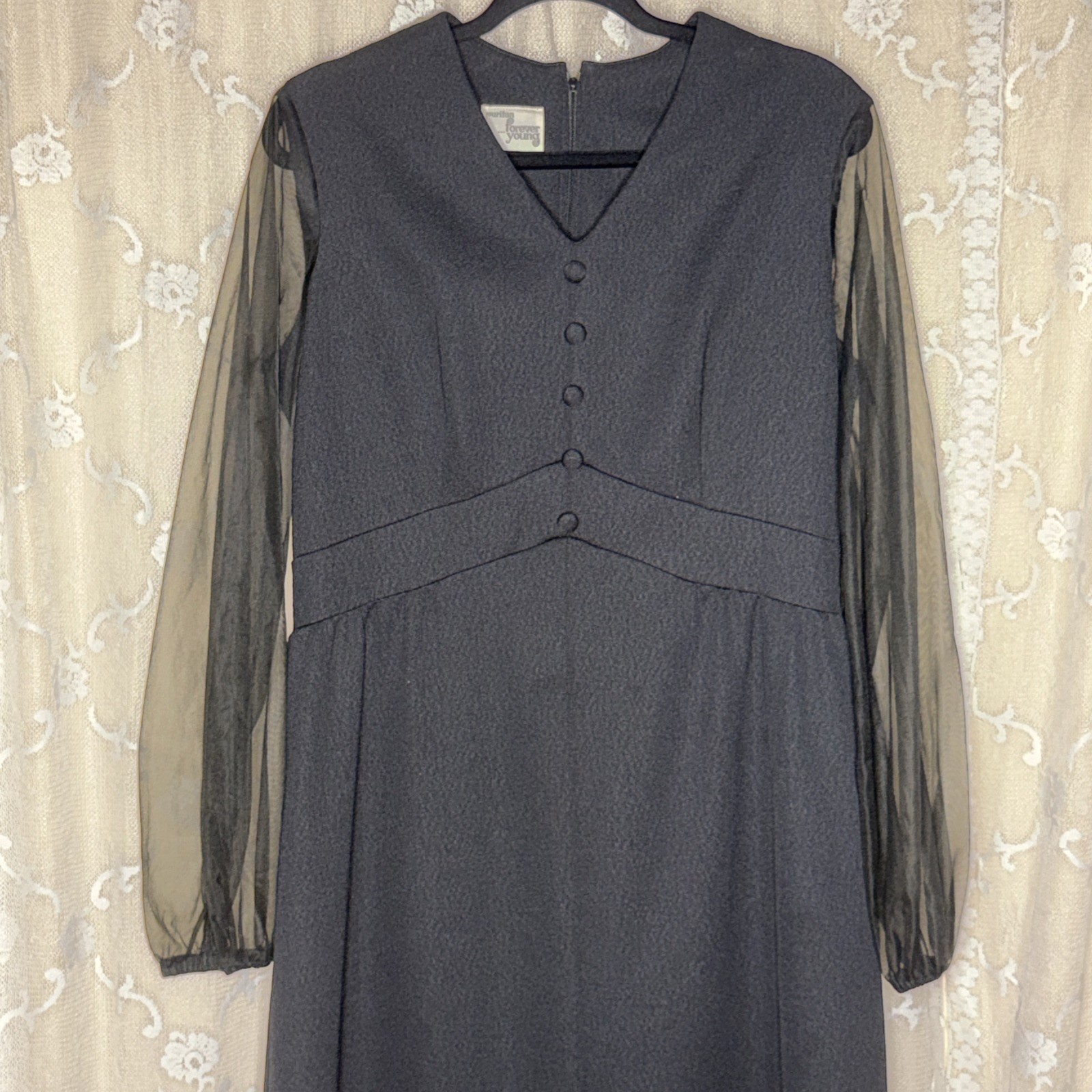 Vintage Puritan Forever Young Long Black Maxi Dress Sheer Sleeves Medium
