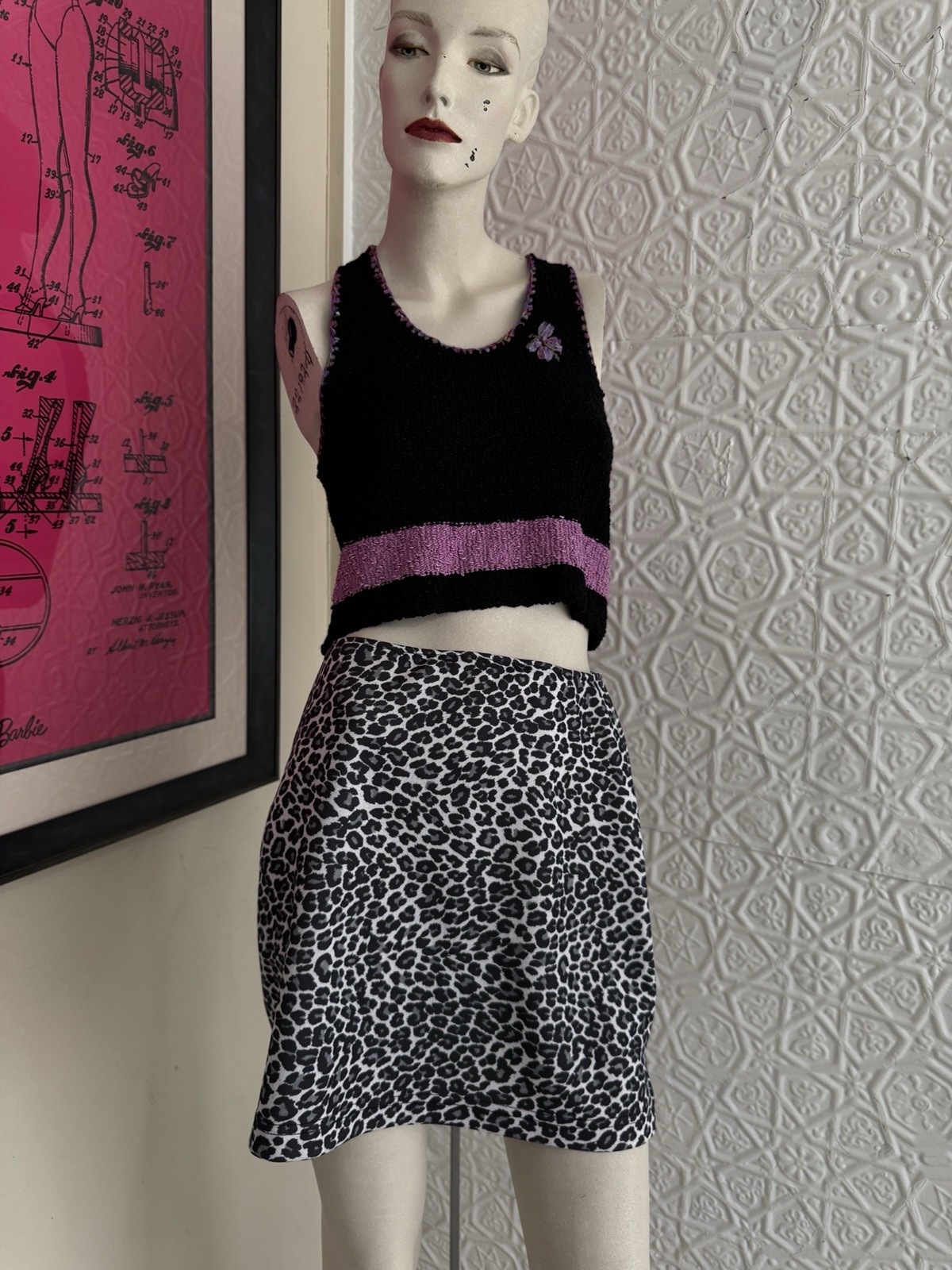 1990s black & white animal print mini skirt-vampy-vintage-USA made stretch-