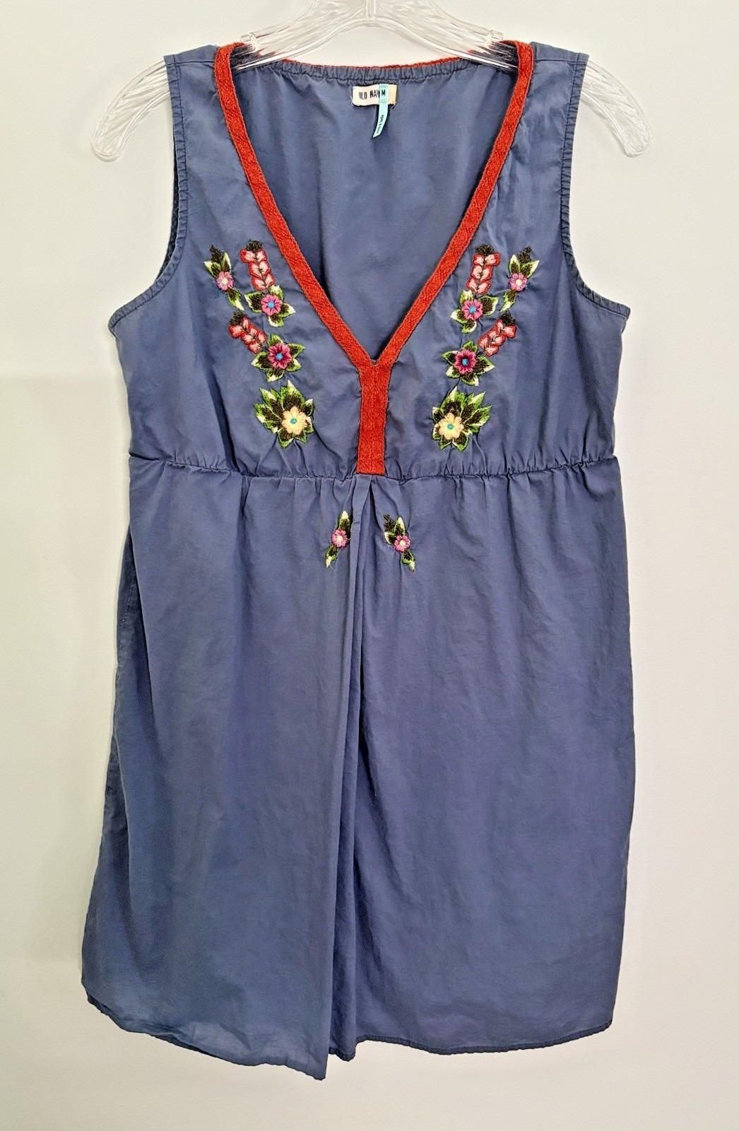 Boho VTG Old Navy Embroidered Flowers Blue Dress w/ Orange Trim Cotton MED
