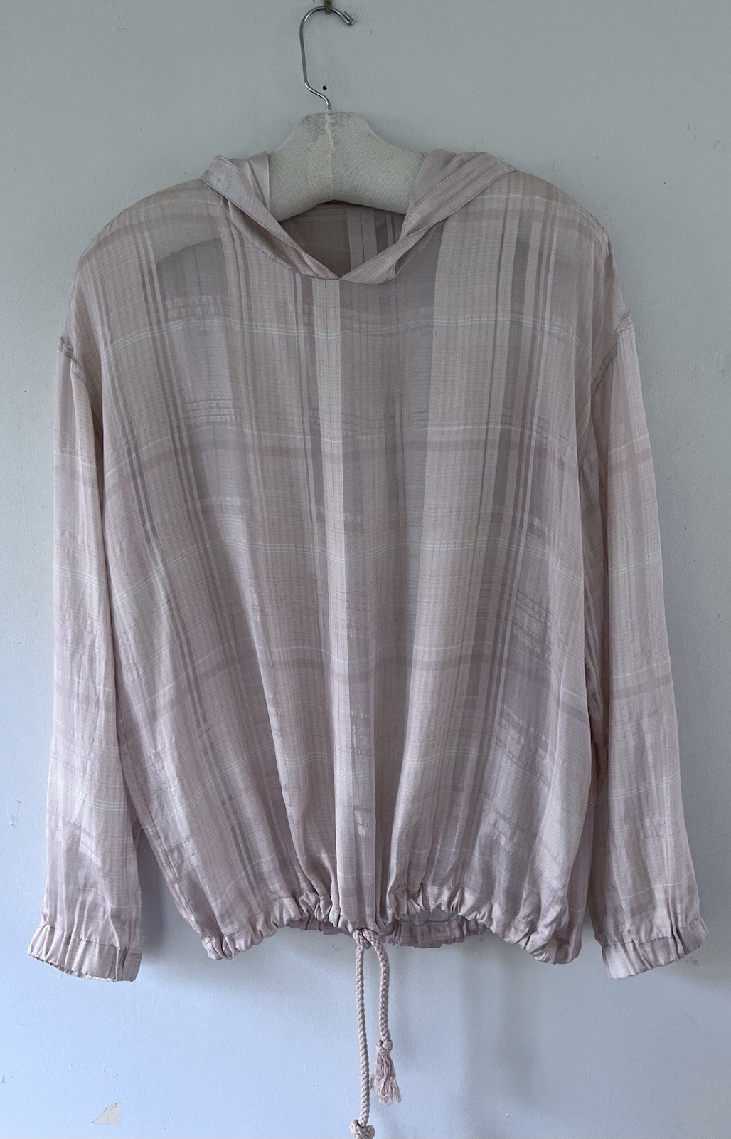 Stella McCartney Palest Pink Blue Plaid Silk Semi Sheer Drawstring Hoodie Sz 46