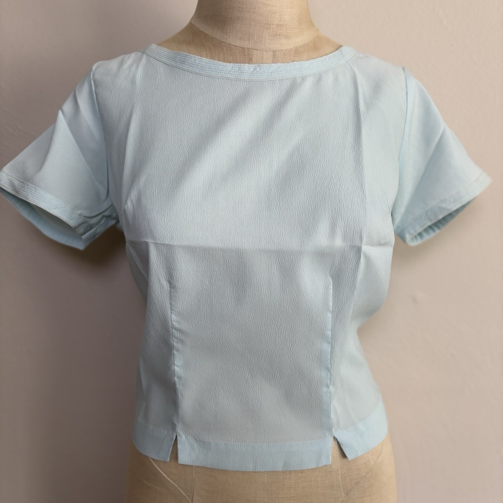 Vintage 60s MCM Chiffon Secretary Blouse Adelaar Small 10 Blue Dacron Polyester