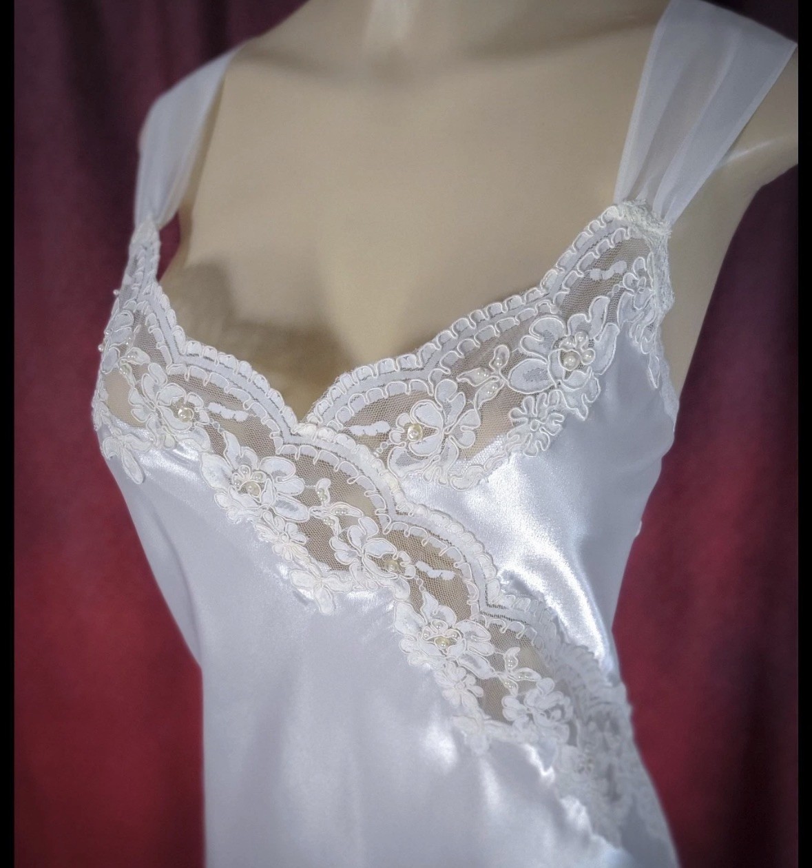 NWT Vintage BEAUTY Liquid SATIN Full Dress SLIP Long GOWN Floral Lace ~L 38-40