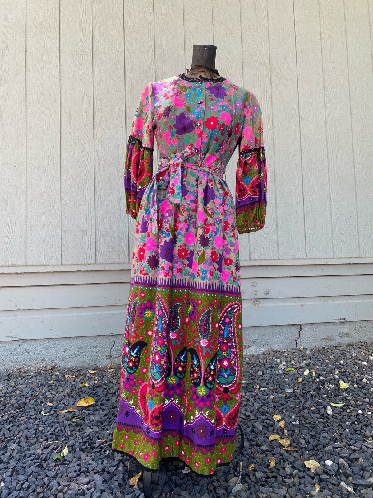 Vintage 60s 70s Hippie Paisley Floral Maxi Dress Cotton Boho Prairie Folk XS S