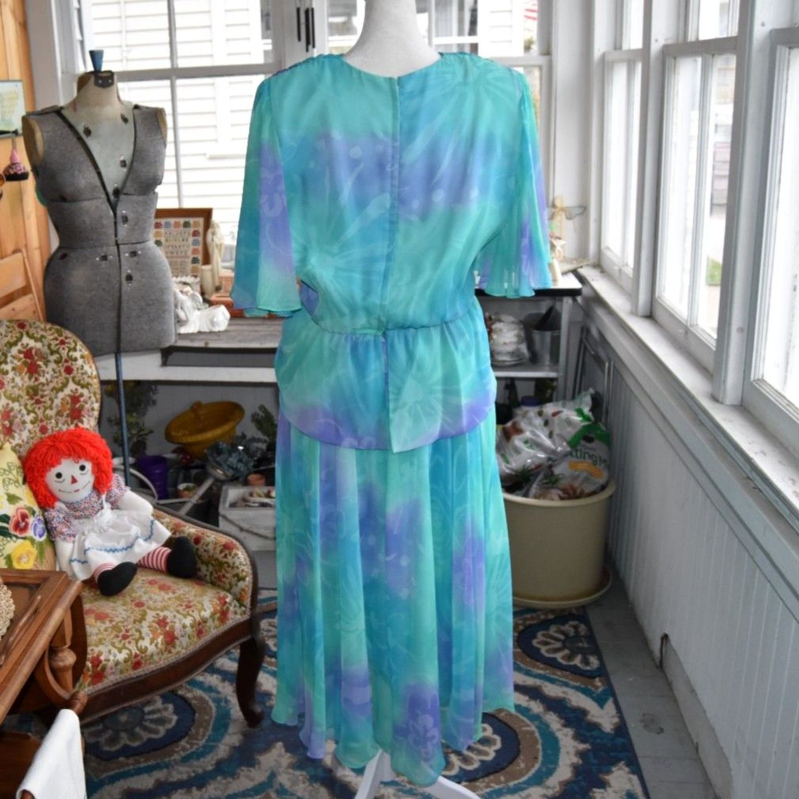Vintage 70s 80s Aqua Lavender Chiffon Wrap Formal Gown Dress Size 14