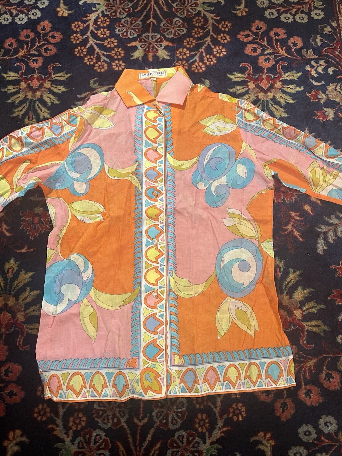 VINTAGE 1970s EMILIO PUCCI Top Cotton Blouse Vtg 8/Small Pink Rare Mint