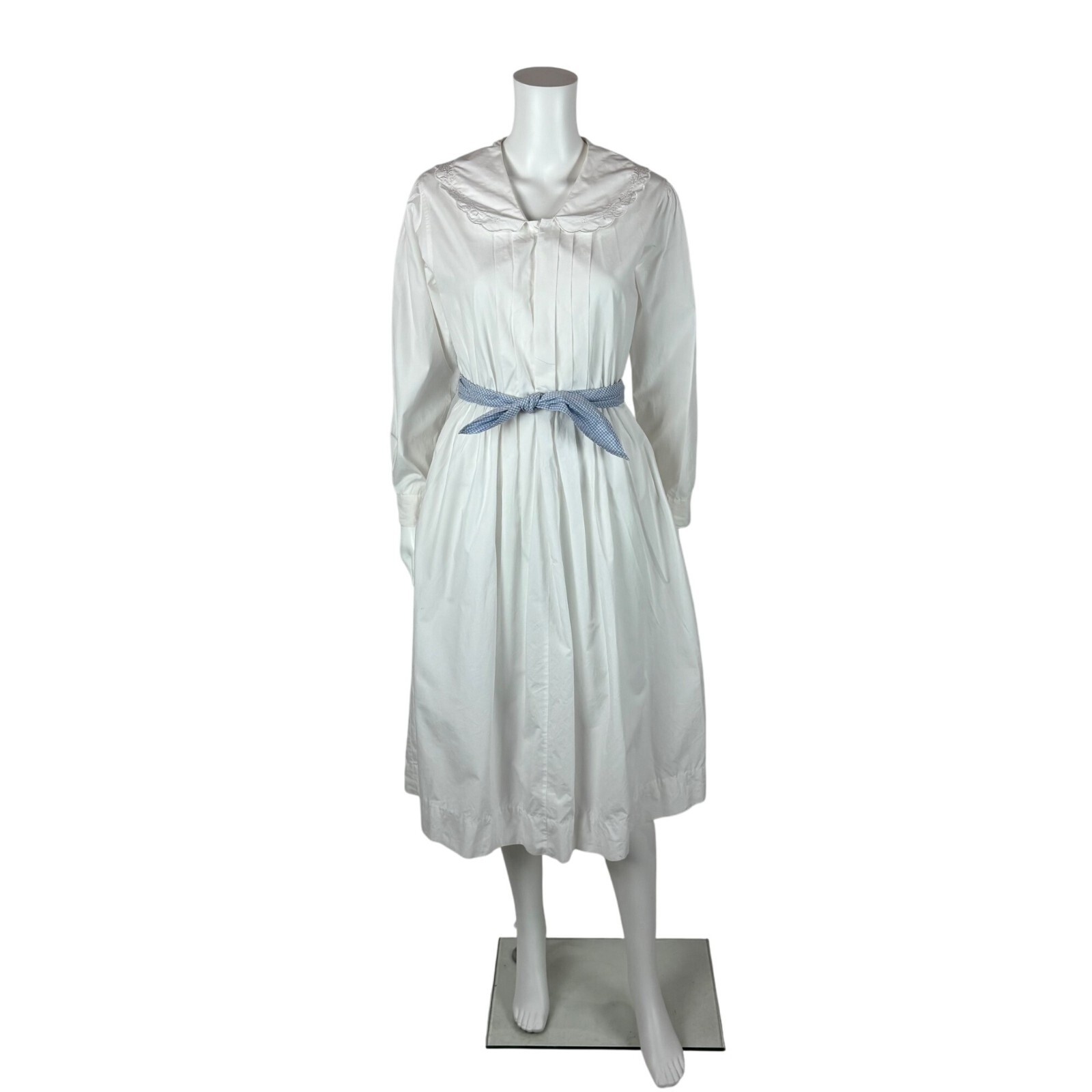 Vintage 90s Shirtdress Womens Small White Embroidered Collar Colonial Shirtwaist
