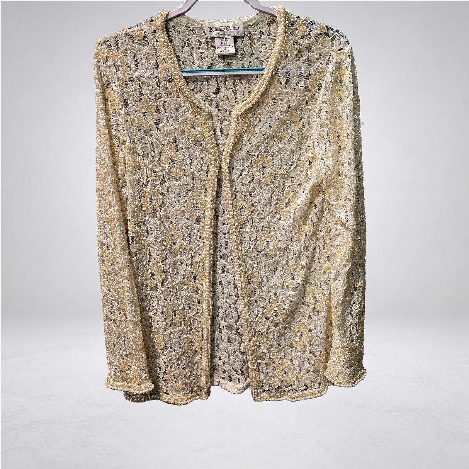 Brownstone Studio New York Lace Jacket Ivory Pearl Trim Sequin Size 14