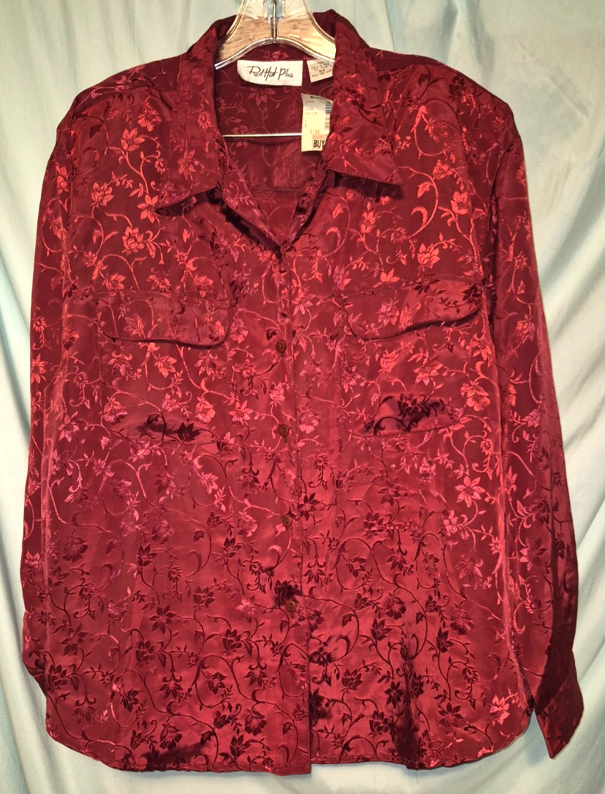 Red Hot Plus Red Ghosted Floral Collared Satin LS Button Up Size 18W NWT VTG