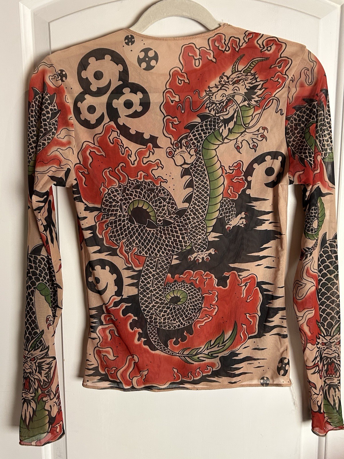 Y2K Unbranded Top Sheer Nude Tattoo Mesh Dragon Tiger Long Sleeve Women’s M