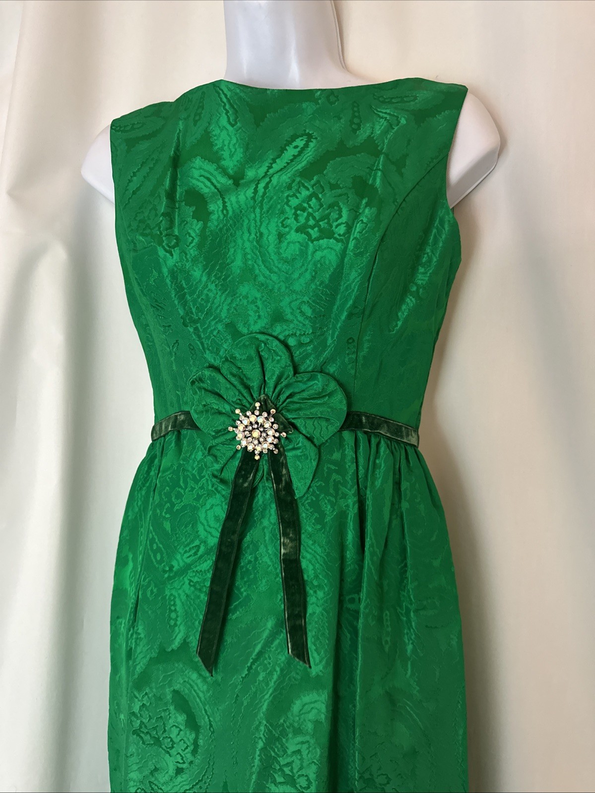 Vintage Lorrie Deb San Francisco Green Paisley Maxi Cocktail Dress XS/S F1