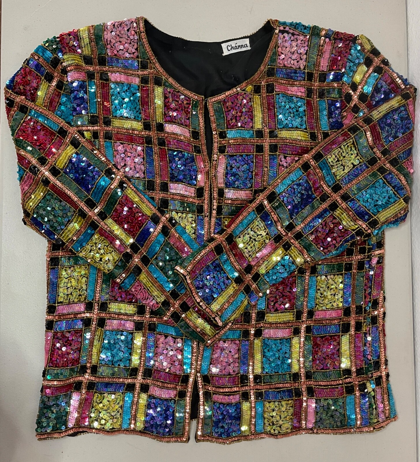 Channa Evening Jacket Sequin Embellished Silk Color Block Party Top VTG 80s M