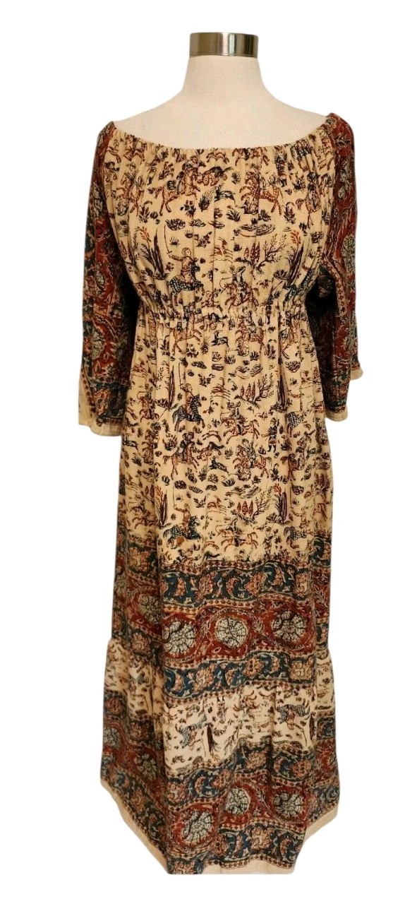 Womens 70s Vintage Hippie Off The Shoulder Dress India Horse Print Maxi