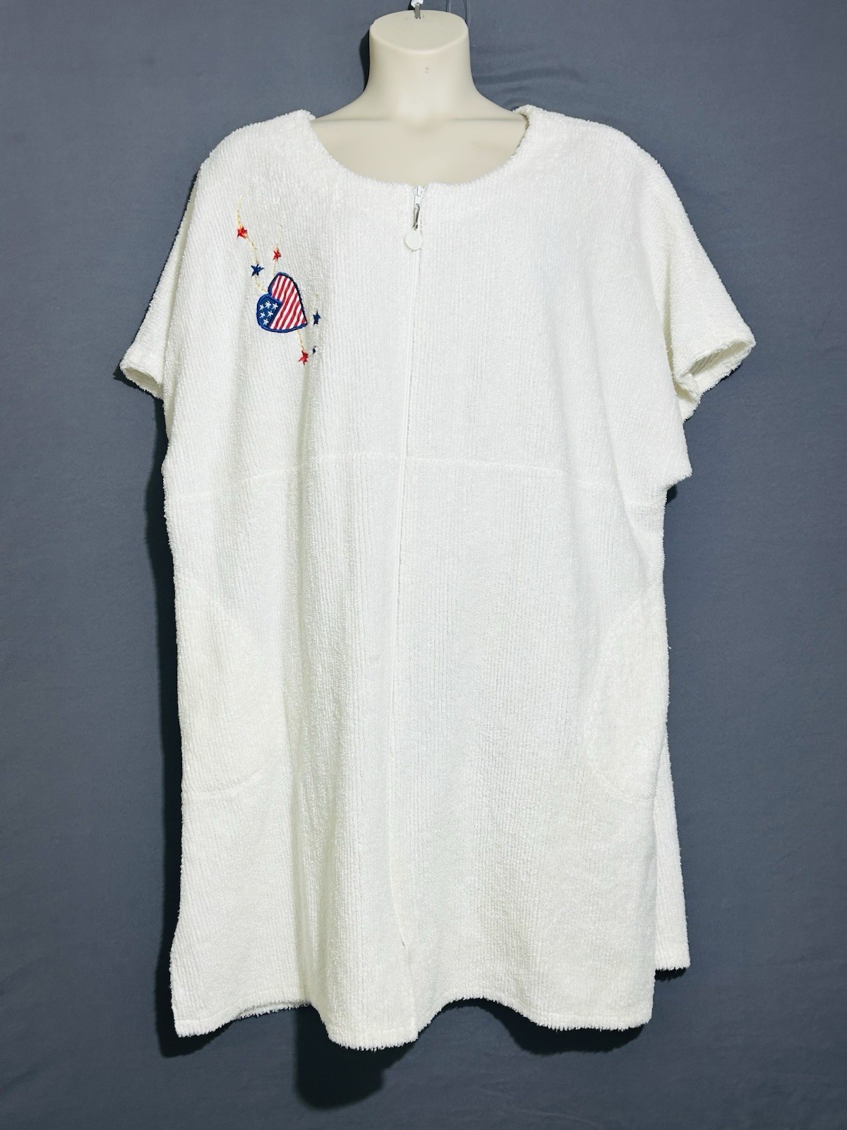 Chenille Zip Up House Coat/Robe/ Beach Cover Up One Size White Patriotic America