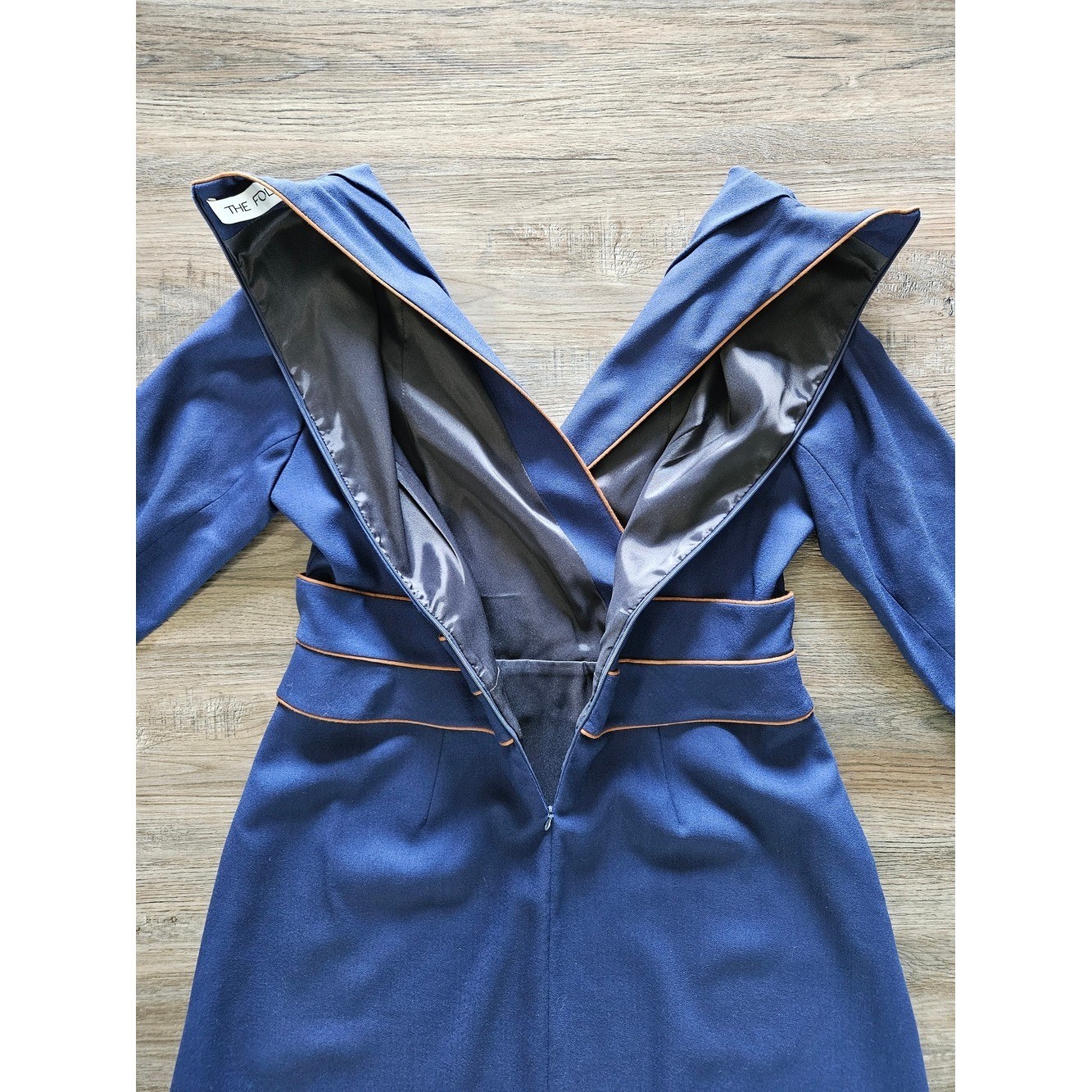 Rare THE FOLD London Virgin Wool Navy Blue w/ Copper Neck Line & Belt Trim Dress