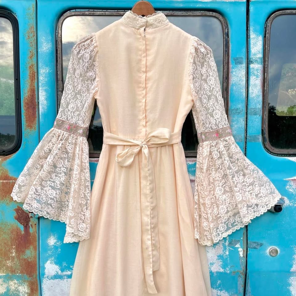 70s Candy Jones victorian renaissance lace maxi gown w/ bell sleeves