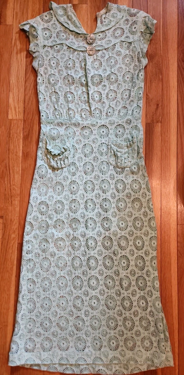 1930s Aqua Cotton Crochet Lace Dress with Cap Sleeves and Pockets XS