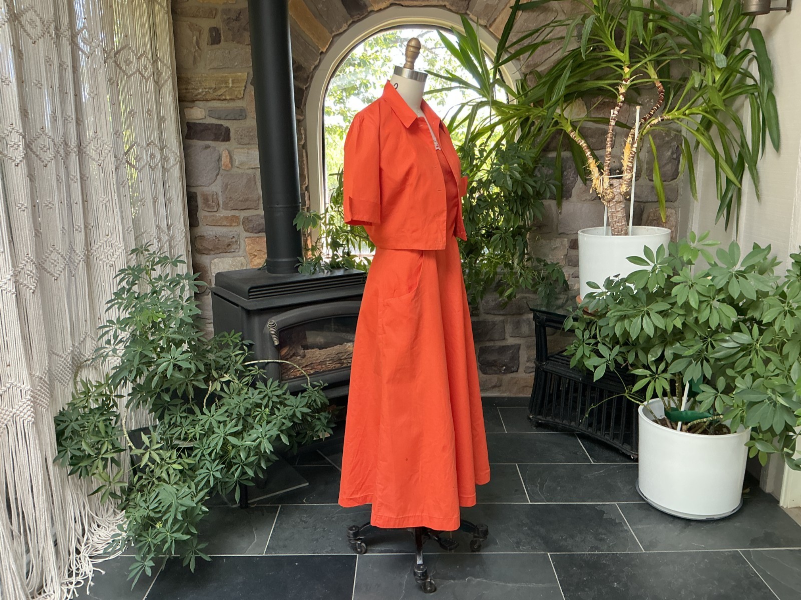 Vintage 1950s Orange Cotton Strapless Dress Matching Waist Jacket Wounded Bird
