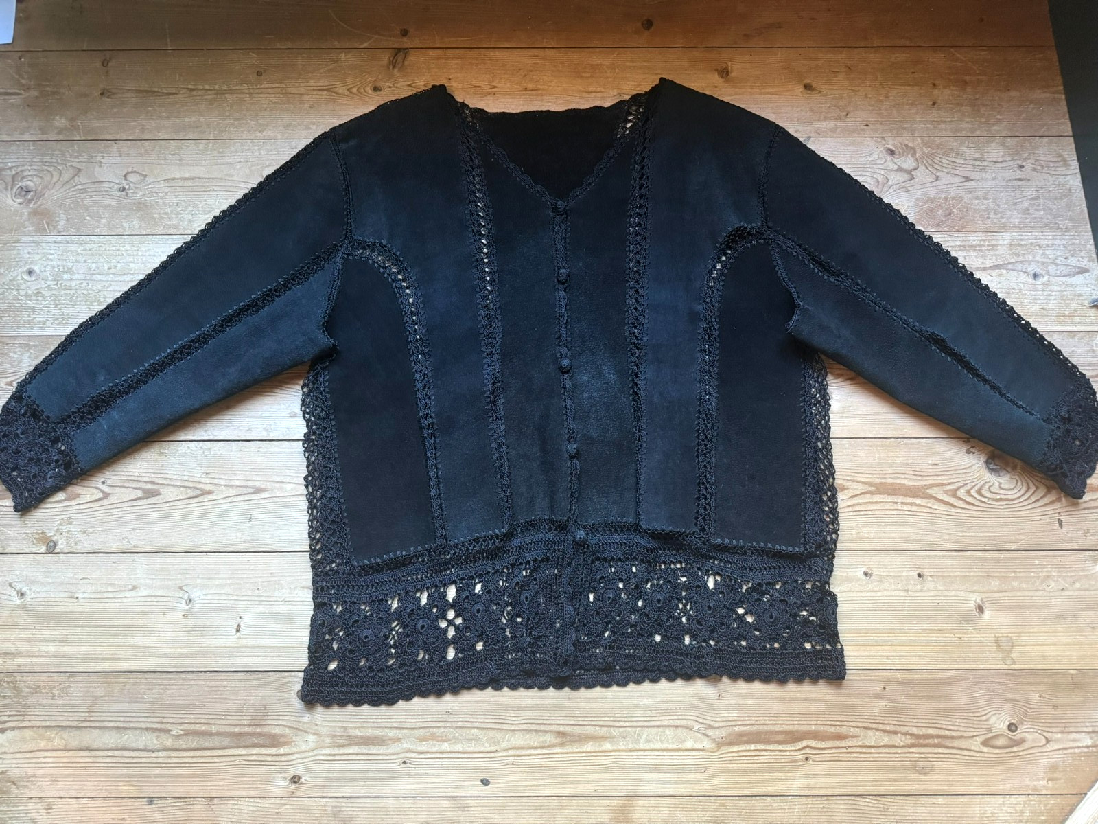 Vintage Leather Jacket Black Crochet Lace Boho Gothic Oversized 44 46 48