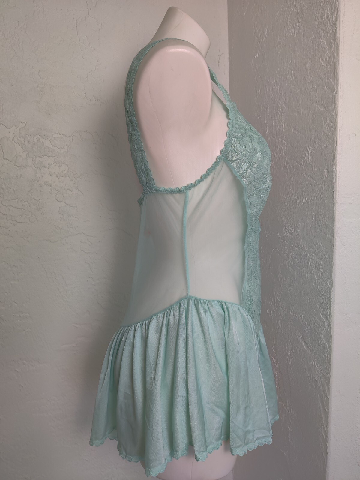 Vintage Alana Gale Large Sexy Babydoll 4663 Nightie Ruffle Lace Chiffon Aqua EVC