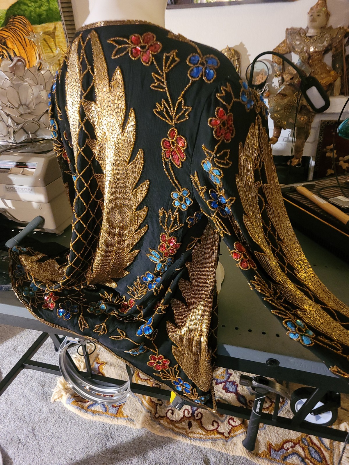 Vtg Royal Feelings Beaded Silk Jacket L Black Gold Sequin Floral Art Deco 80s