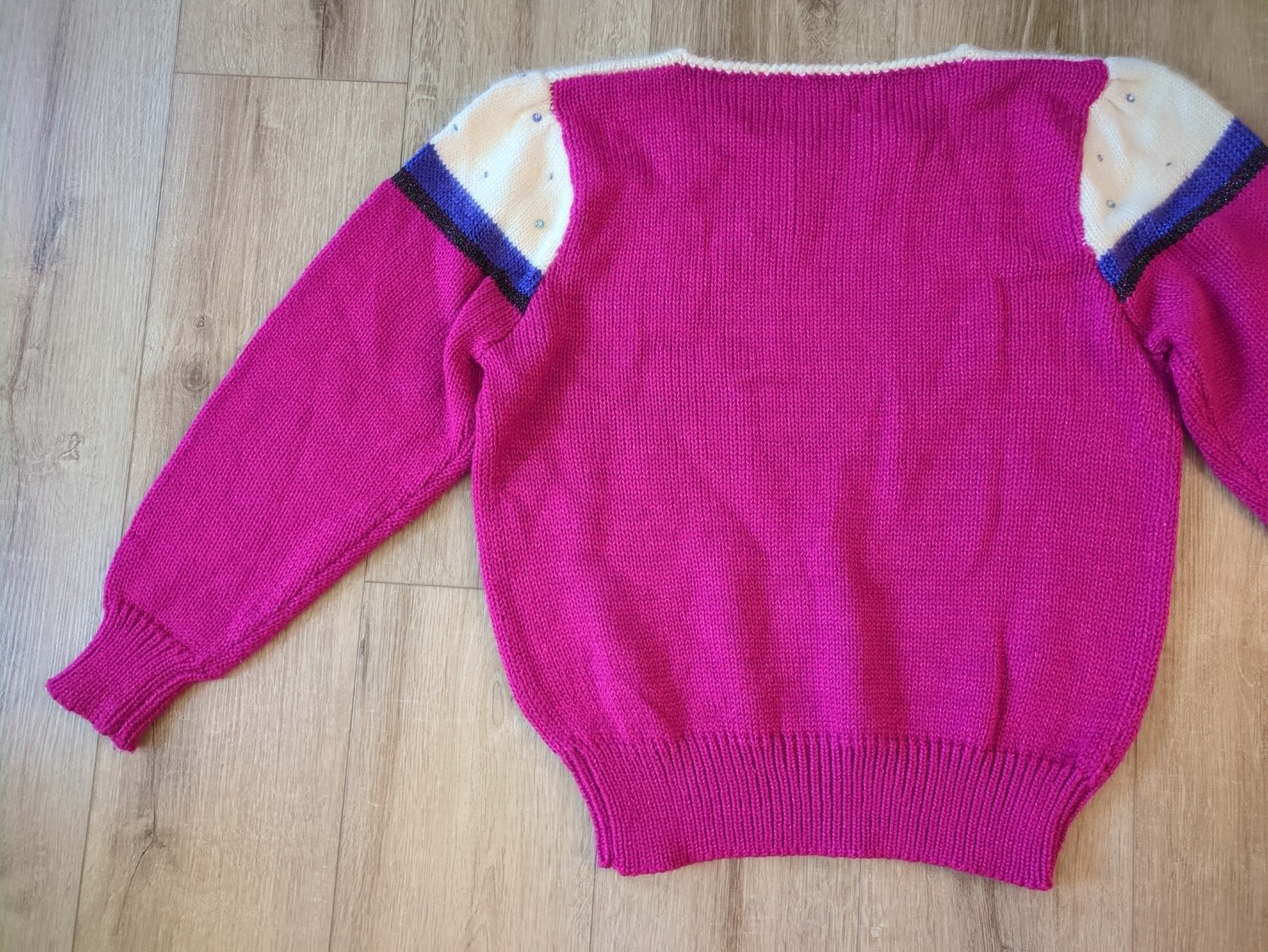Vintage Bold Geometric Angora Wool Blend Top Fuschia Embellished 80s Mom Sweater