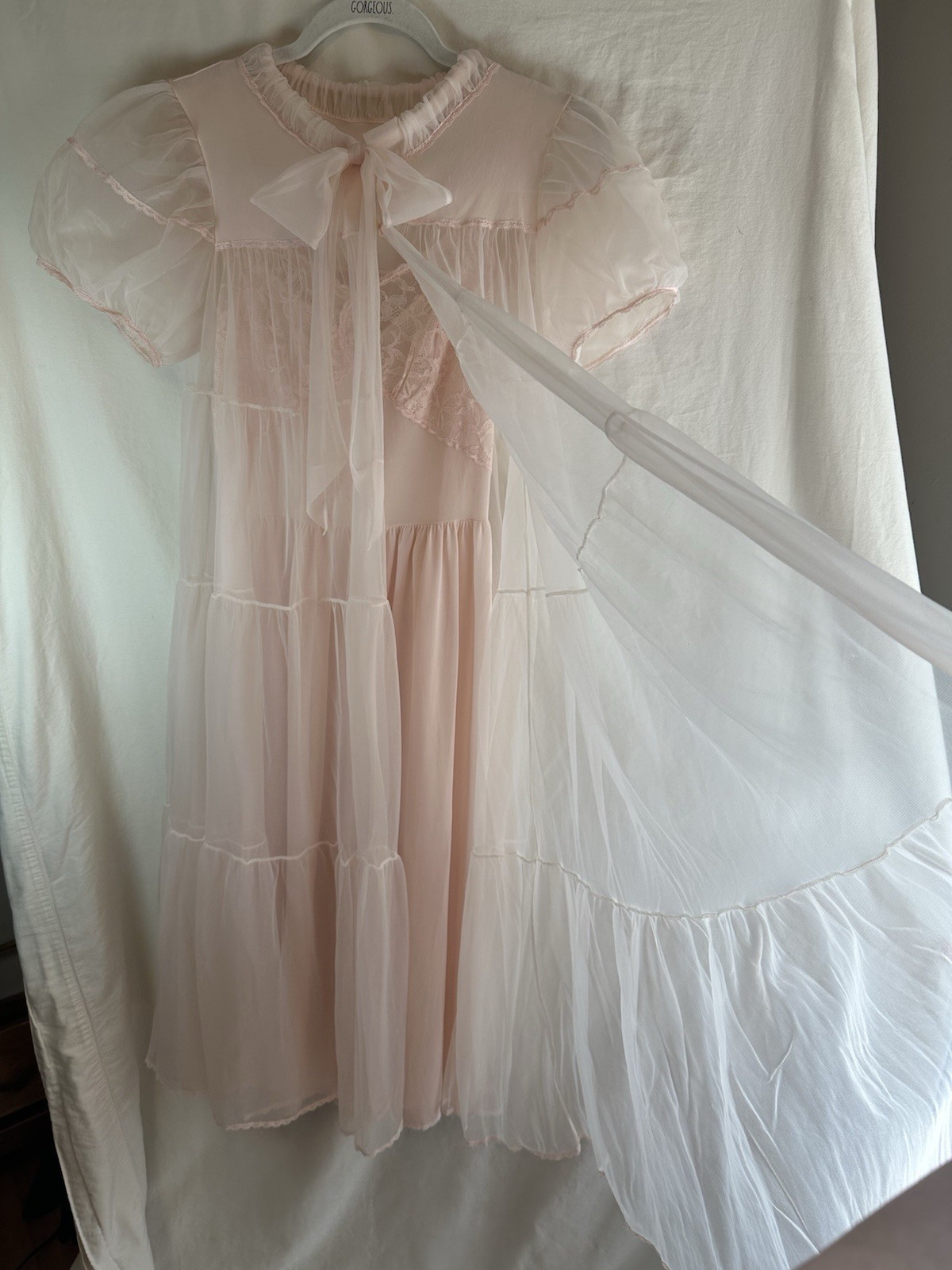 Vintage Dutchmaid 60s Pink Peignoir Set Nylon Sheer Robe & Gown Lace Romantic 14