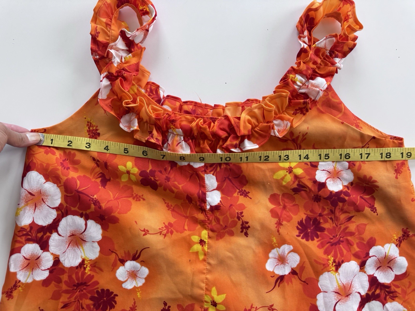 Vintage 70s Hukilau Paradise Hibiscus Floral Red Orange Ruffle Hawaiian Dress