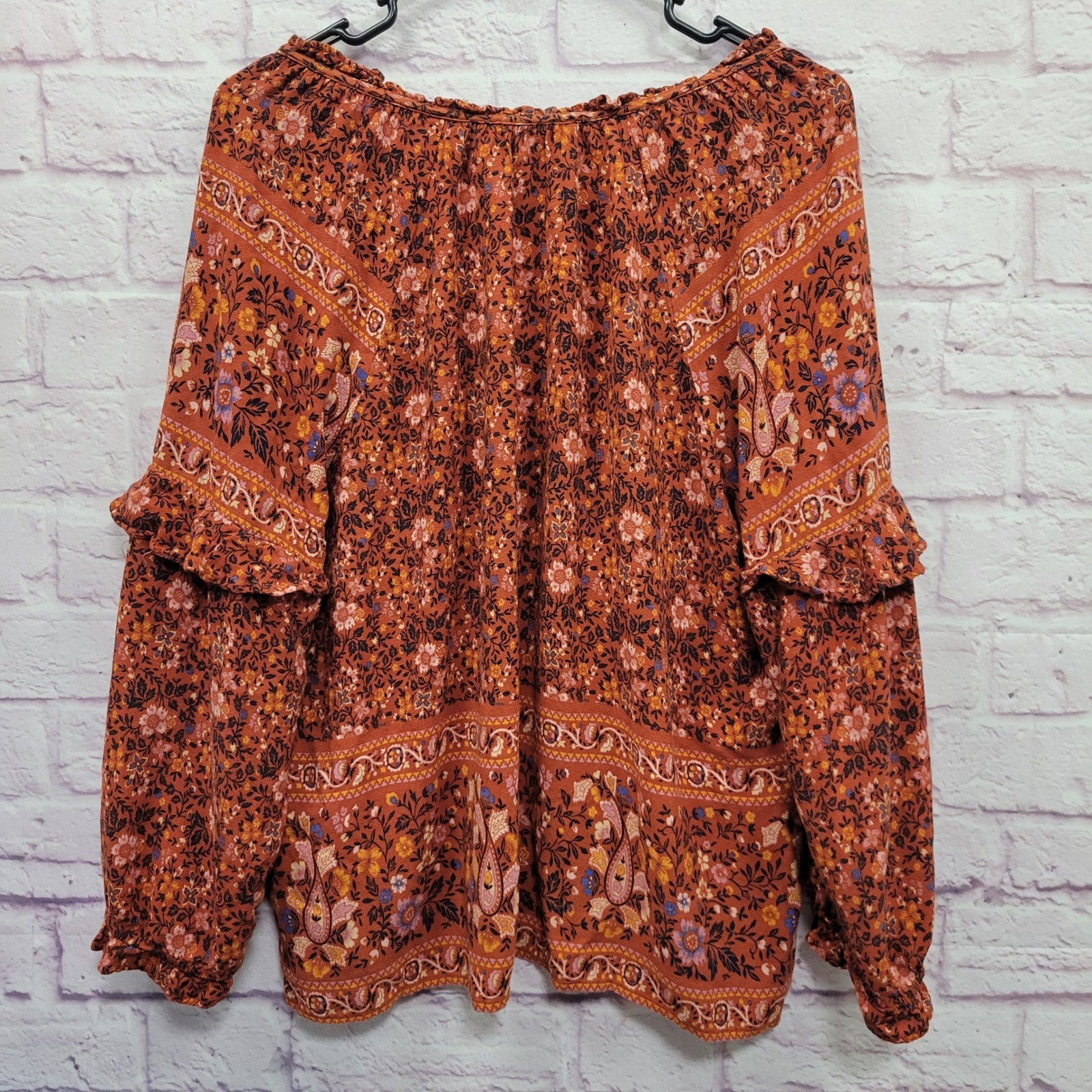 American Eagle Boho Floral Blouse Womens L Rust Orange Tassel Cottagecore Hippie