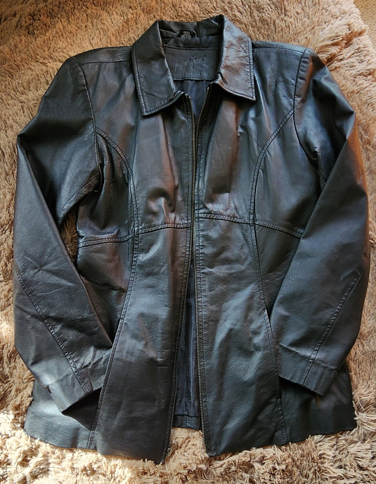 Womens Jacqueline Ferrar Black Leather Coat Jacket Sz Small Zip