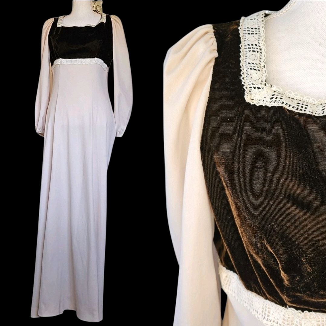70s Babydoll Prairie Dress Beige Brown Velvet Long Square Neckline Sz 6 Regency