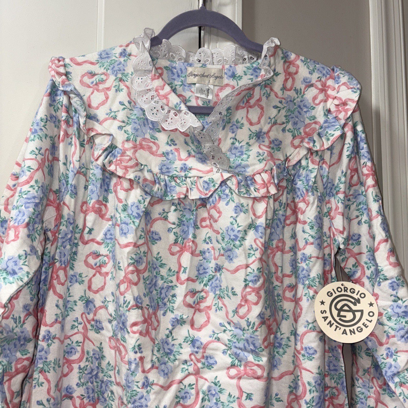 GIORGIO SANT’ANGELO Flannel Nightgown Prairie Vintage Romantic Flowers Bows M