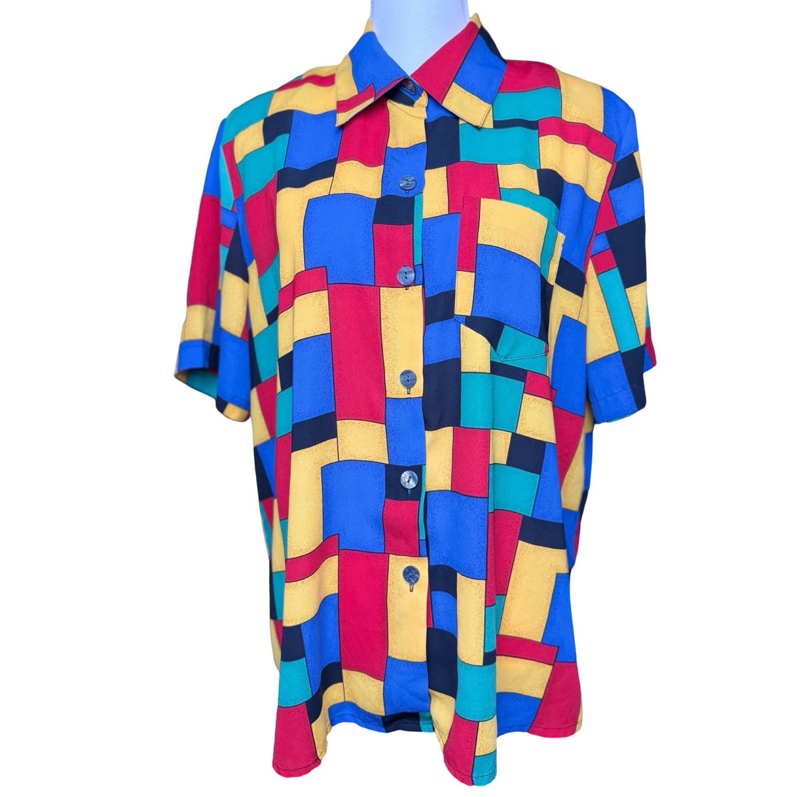 Abstract Geometric Colorblock Shirt 90s Retro Button Up Kathy Che