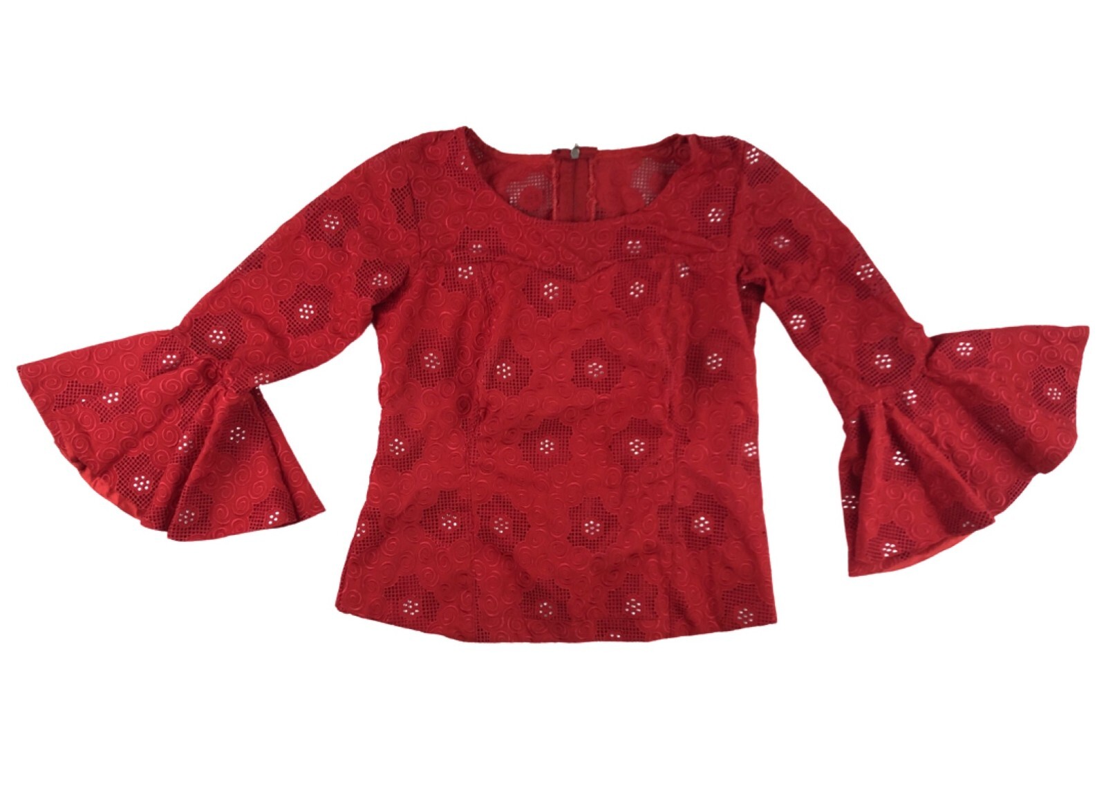 Vintage Blouse Fancy Short Red Cotton Textured Open Weave Zip Back Ethnic Medium