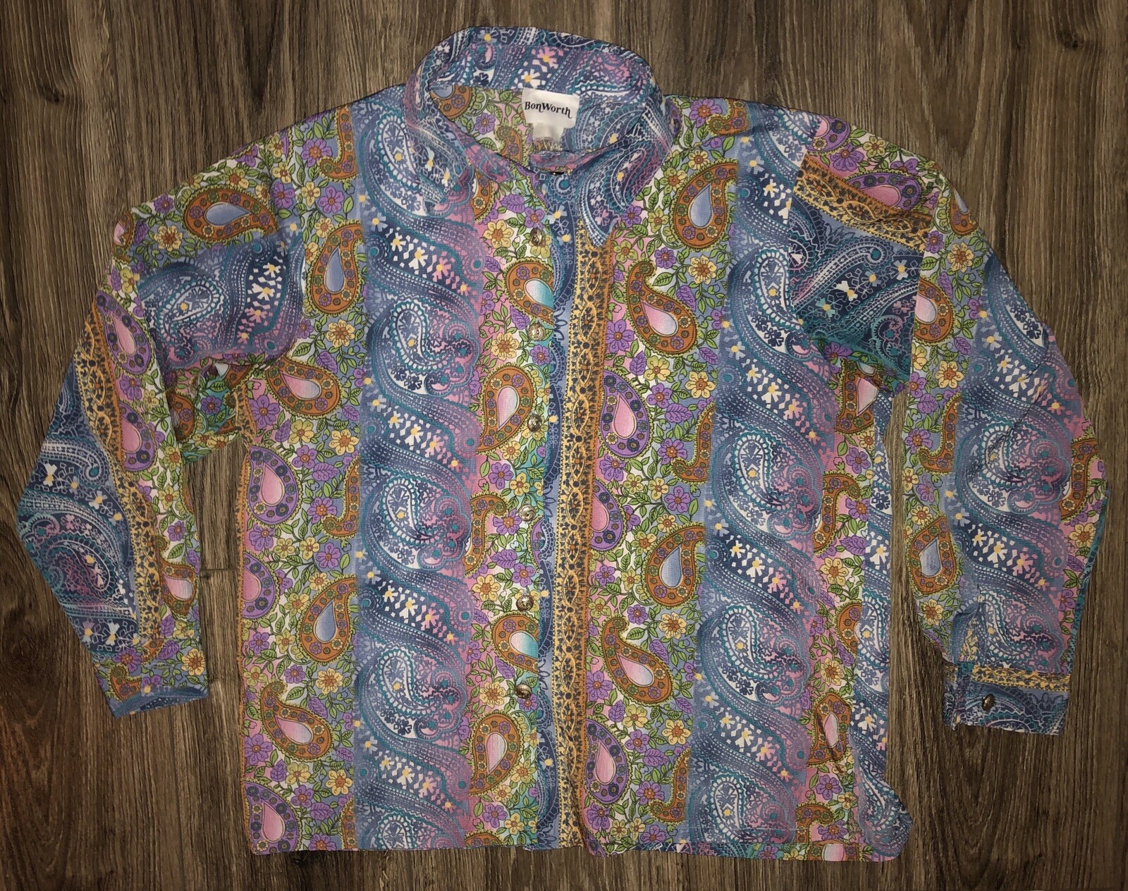 Retro 1970’s Style Multicolor Paisley Floral Bonworth Blouse SEE MEASUREMENTS