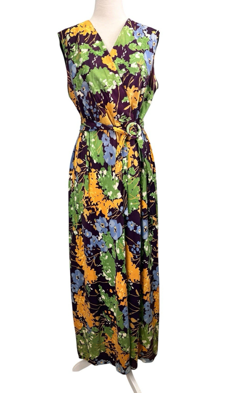 Vintage 60s 70s Floral Watercolor Print Maxi Dress Hippie Boho XL Purple Yellow