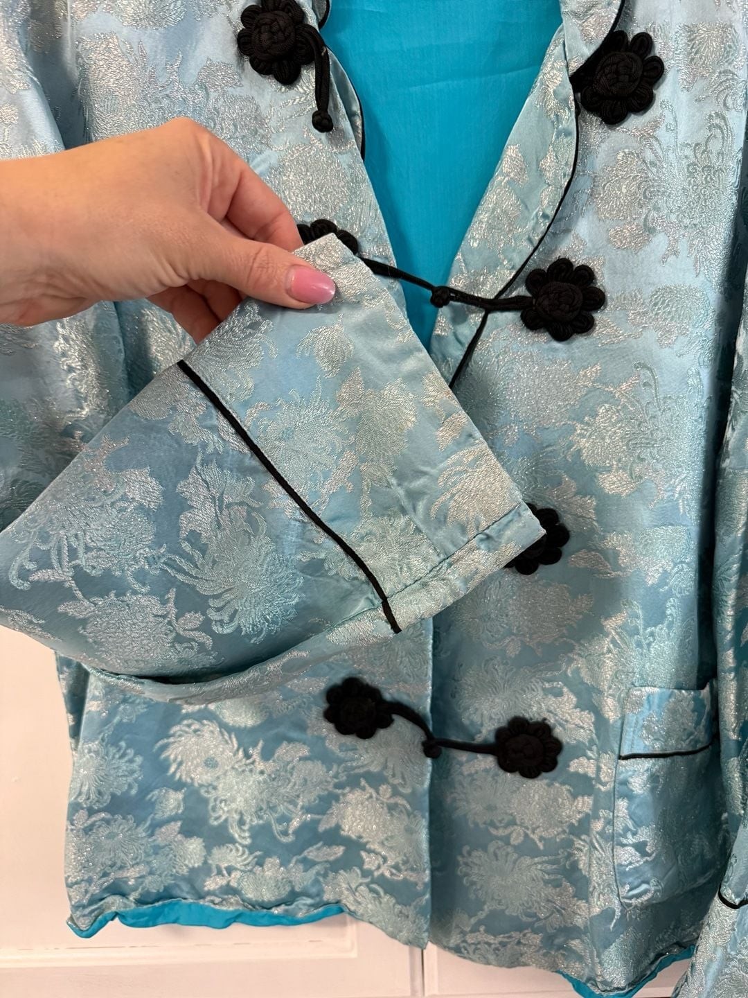 Vintage Fashions From Orient Aqua Blue Brocade Mandarin Jacket with Frog Closure