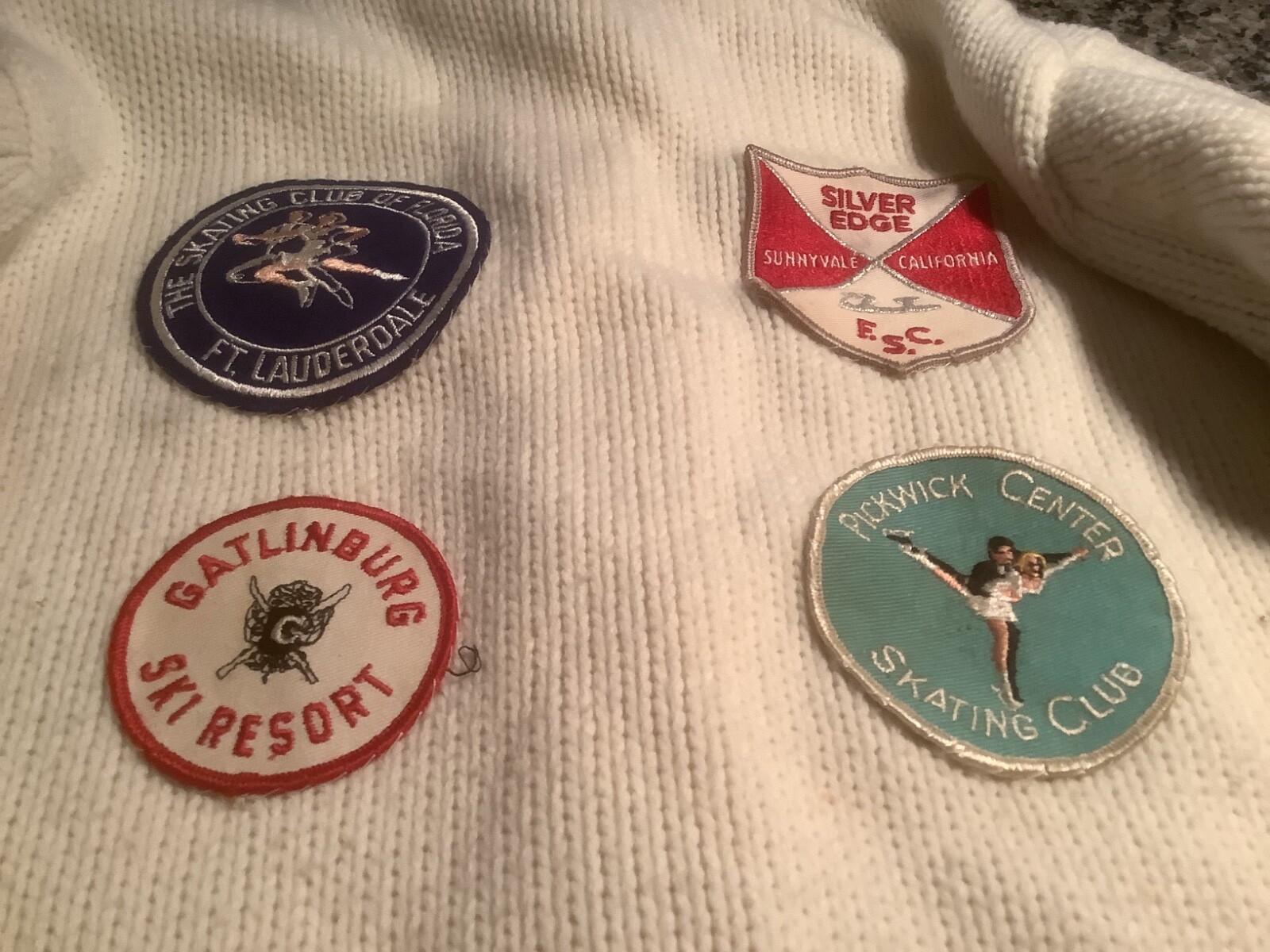 Vintage skating sweater, with old patches and pins! 19 inches pit to pit! COOL!