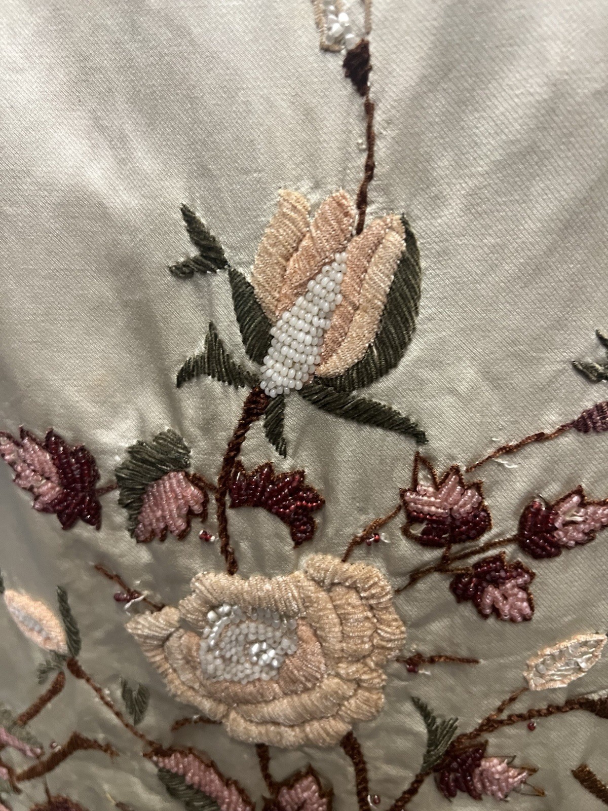 1880’s Light Celery Green Silk Bustle Skirt – Heavy Embroidered & Beaded Florals