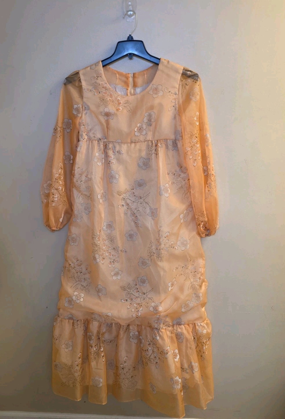 Vintage Homemade Peach Floral Long Dress 1970&rsquo;s Prom Wedding