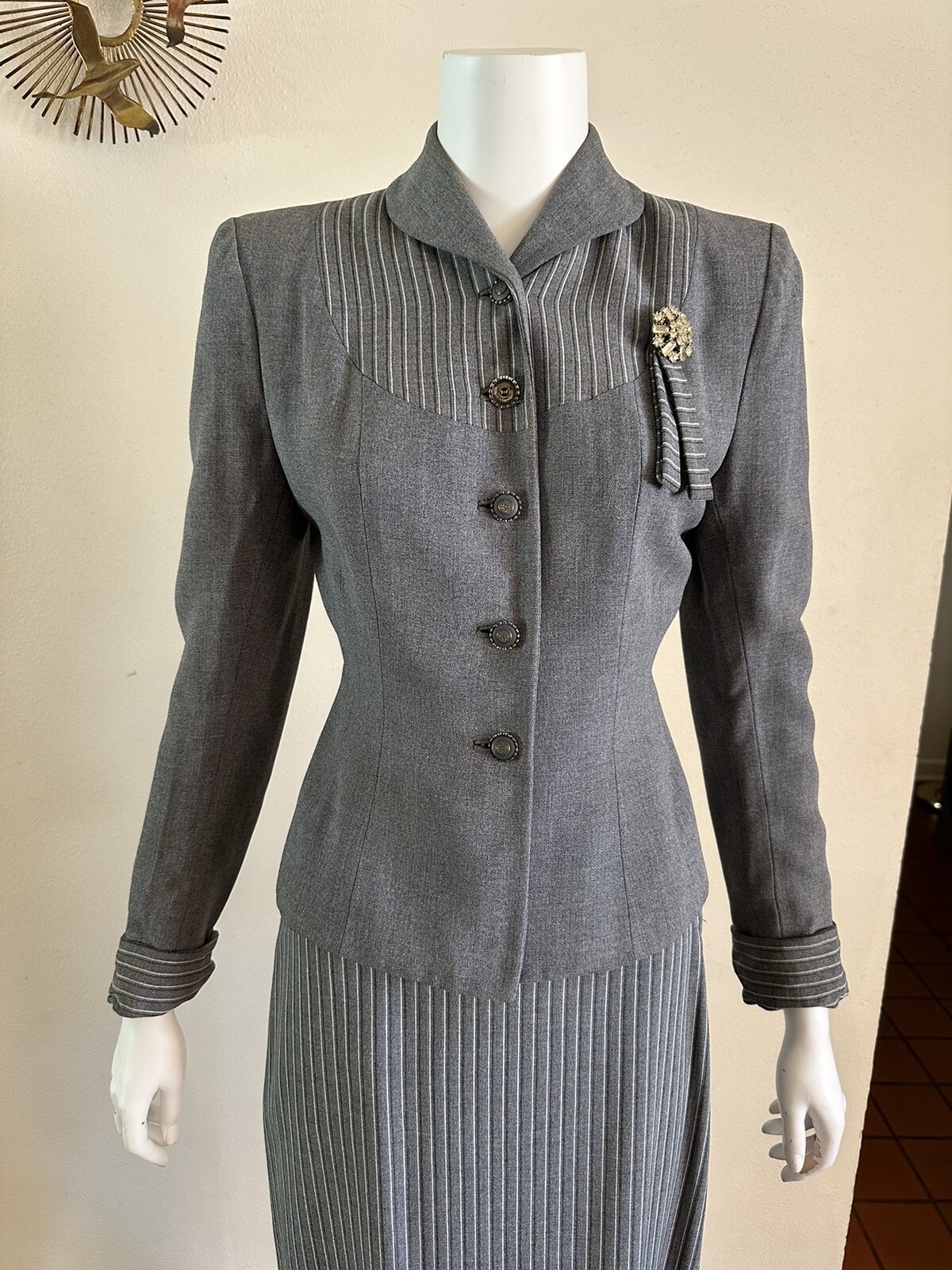 1940s 3pc Skirt Suit Set Nipped Waist Blazer Jacket Pinstripe Bib Rhinestone VTG