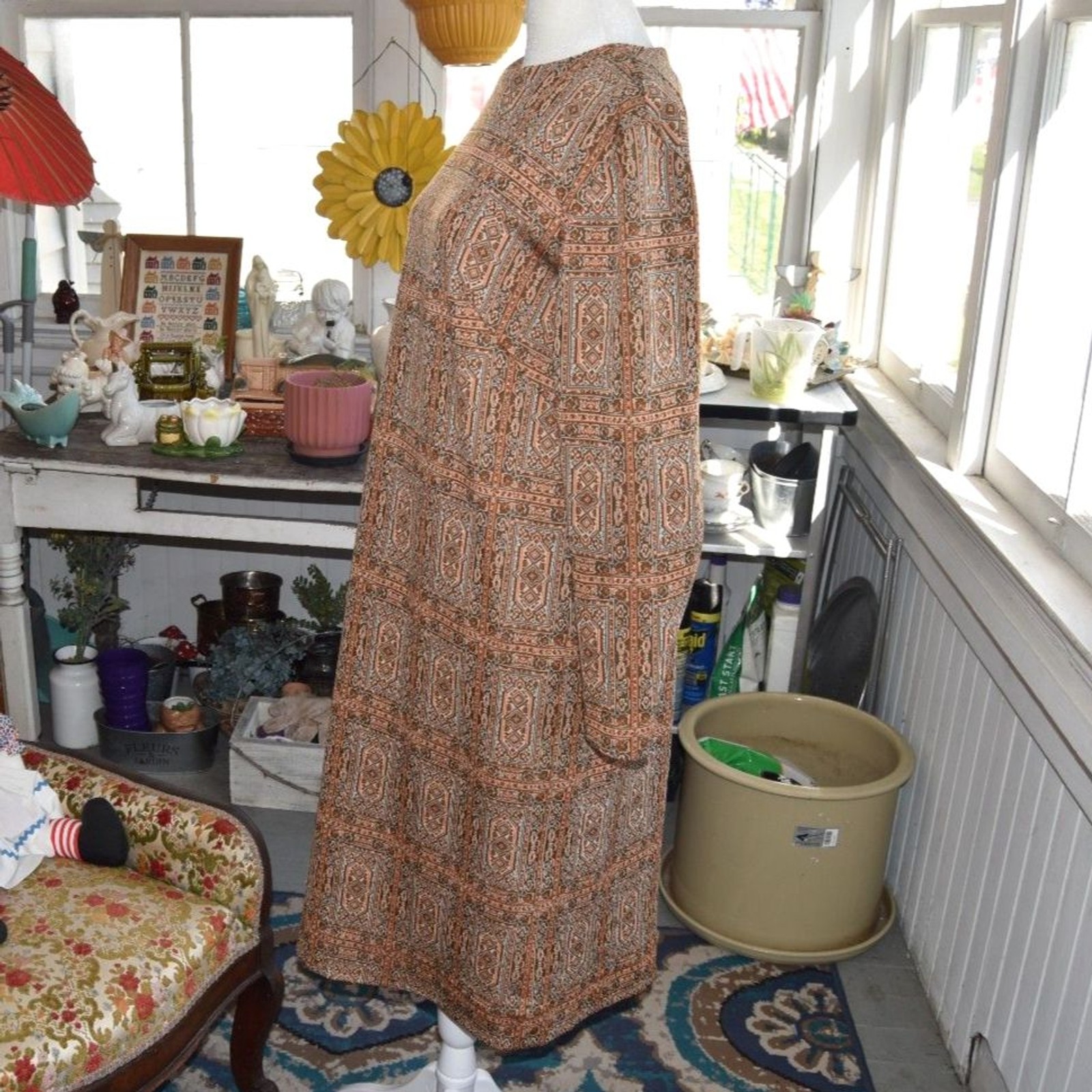 Vintage 60s 70s Mod Geometric Shift Dress Boho Lounge Maxi Large
