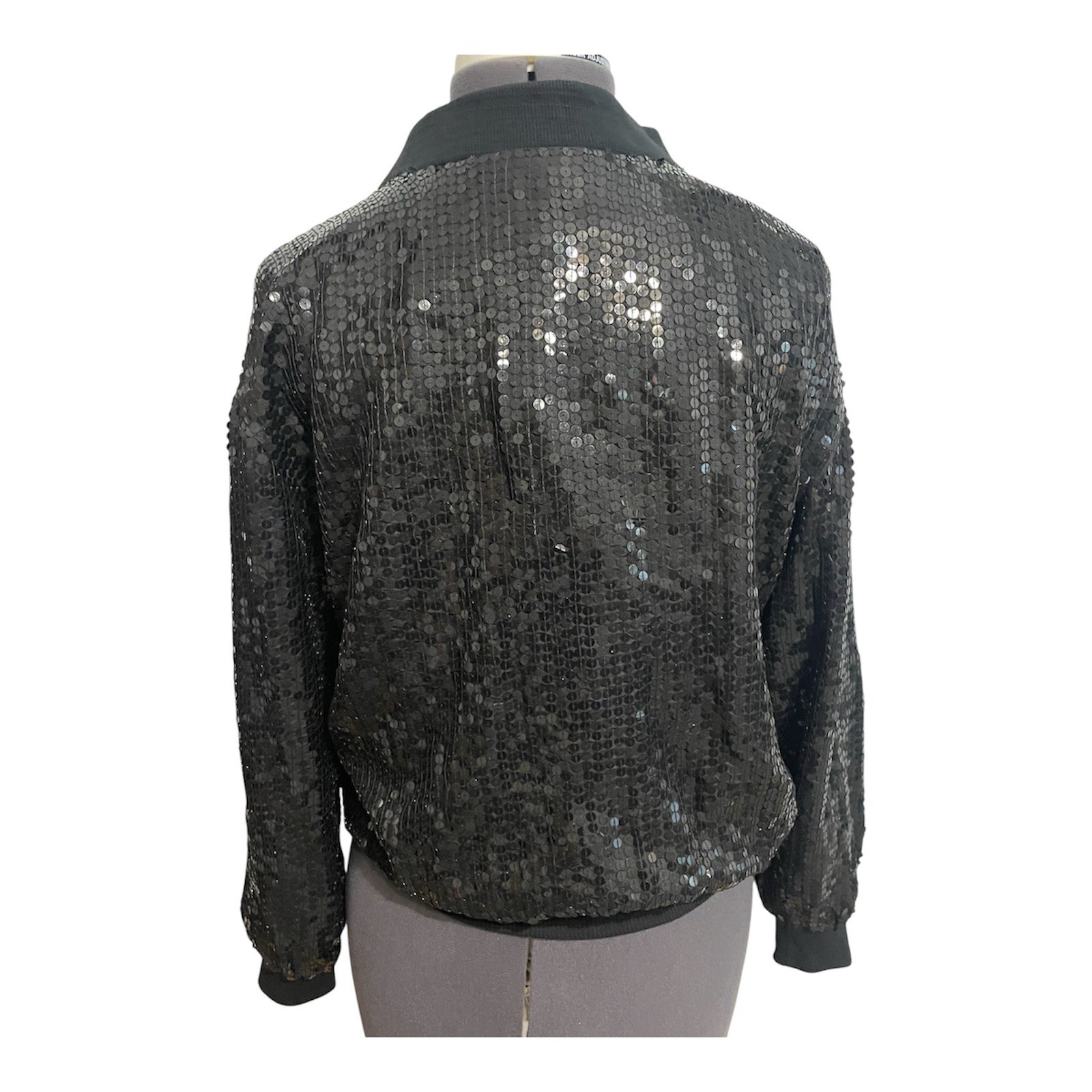 Vintage Cee Cee Silk Sequins Bomber Jacket Medium Black Glam Rock Boho Disco 80s