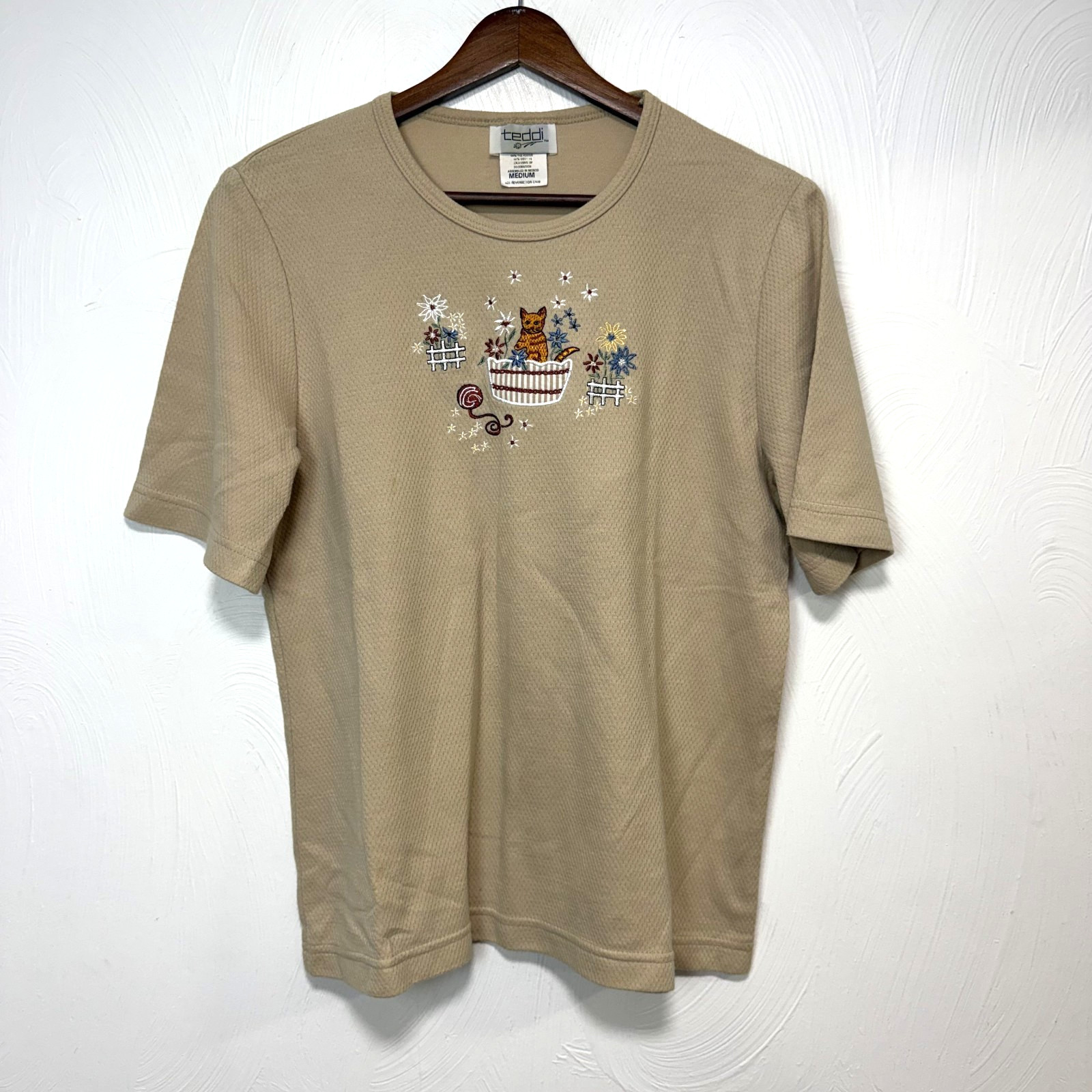 Vintage Teddi Women&rsquo;s Brown Cotton Blend Embroidered Cat Garden T-Shirt Medium